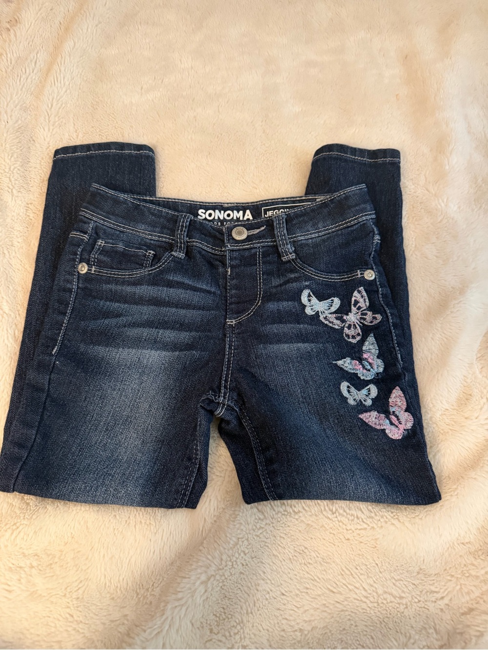 Sonoma Dark Blue Jeans with Pastel Butterfly Embroidery